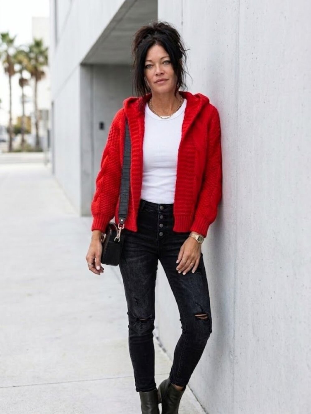 Red Open Front Cable Knit Cardigan Sweater Jacket